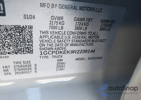 2024 Chevrolet Silverado 1500 4Wd Short Bed Lt With 2Fl z USA, uszkodzony, nr VIN 1GCPDKEK9RZ239144